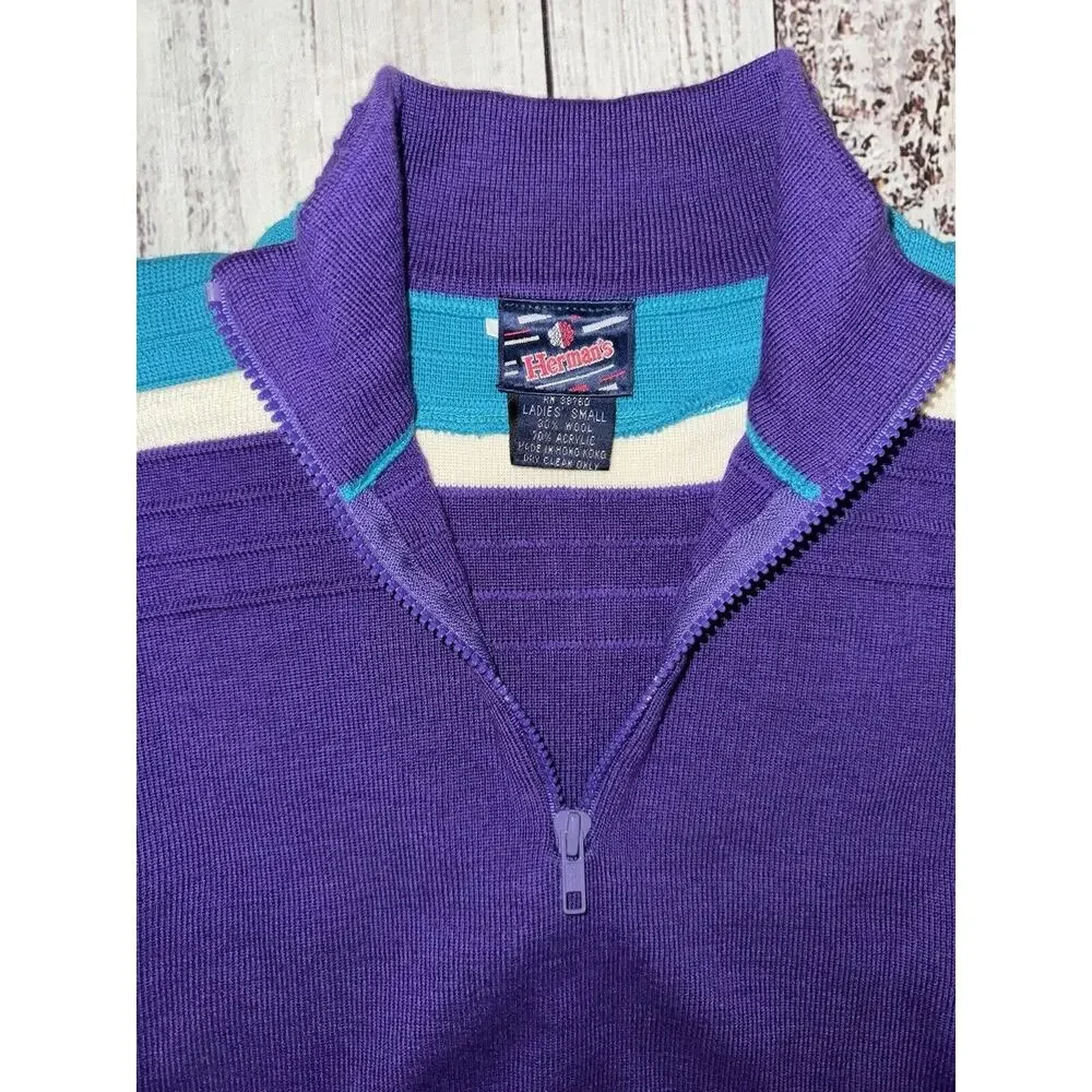 VTG Herman’s Ladies Small Ski Sweater Bold Colorful Purple Blue Multi Wool Blend